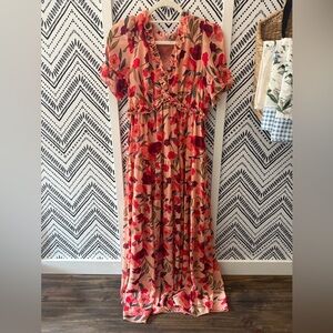 Chic Floral Maxi Dress in Red and Tan